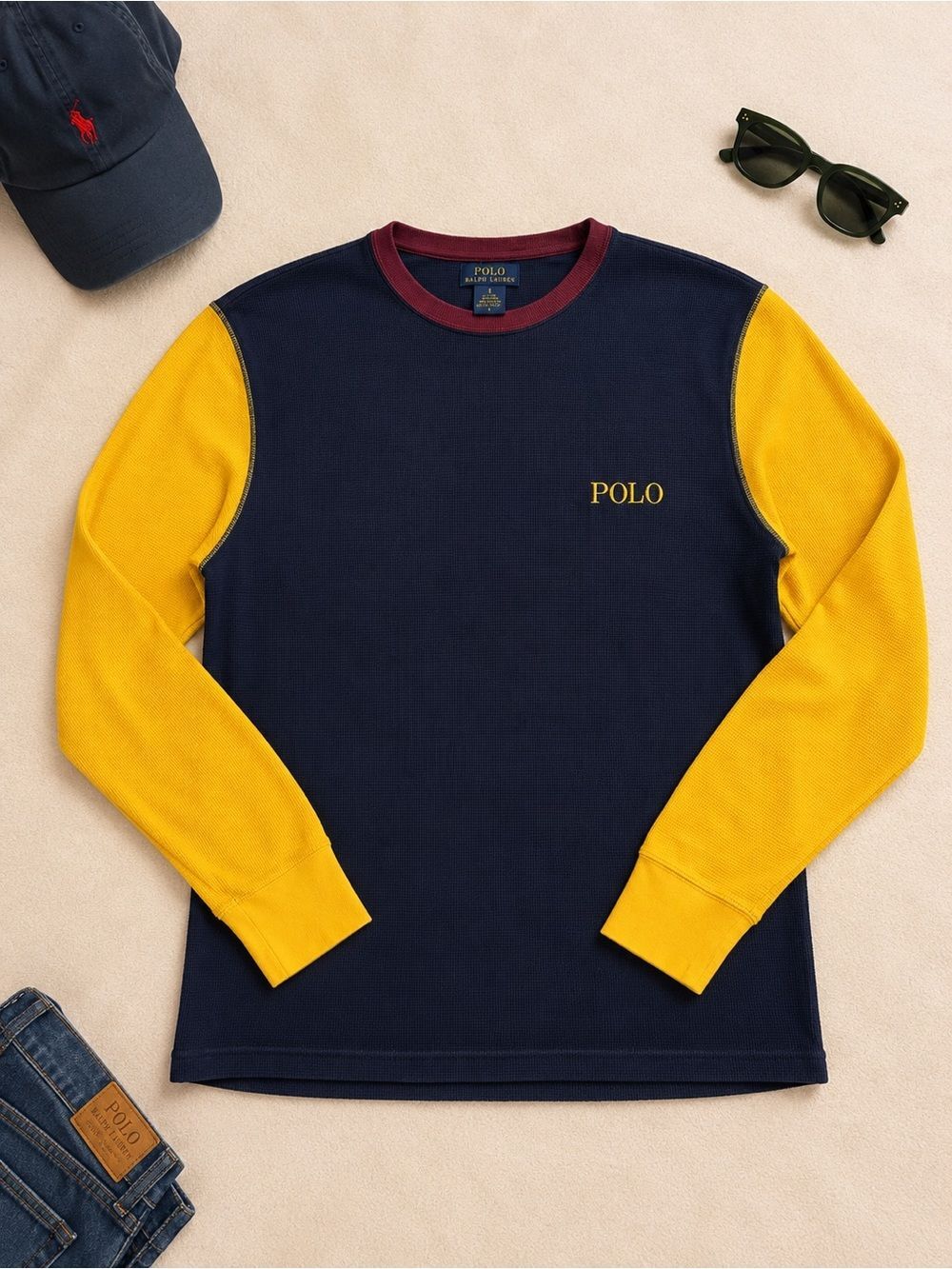 Polo Ralph Lauren Y2K Waffle Knit Colorblock Thermal Shirt Large